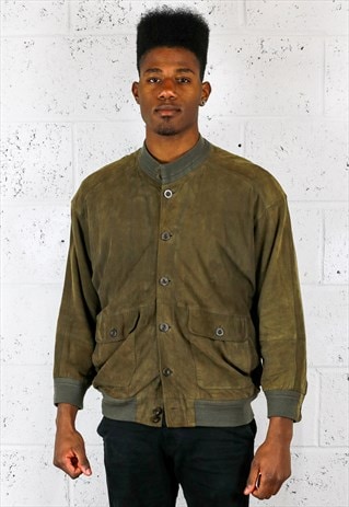 OLIVE GREEN VINTAGE SUEDE BOMBER JACKET