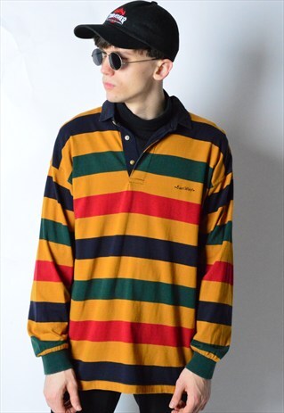 VINTAGE 90S COLOURFUL STRIPED LONG SLEEVE POLO SHIRT
