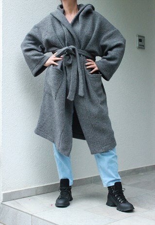 OVERSIZE GREY WOOL CARDIGAN, HOODED CARDIGAN, LOOSE AND MAXI
