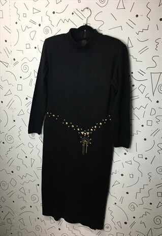 80S VINTAGE BLACK AND GOLD JERSEY STUDDED DRESS SIZE 12 - 14
