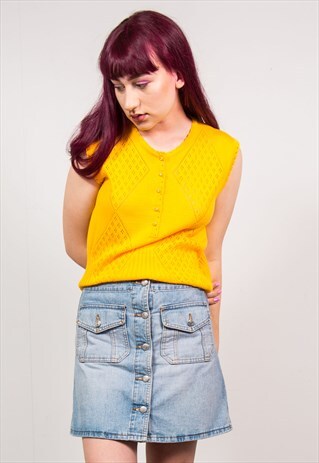 VINTAGE 70'S MUSTARD YELLOW CROCHET KNIT RIBBED VEST TOP