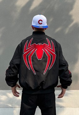 Black Embroidered Spiderman hooded Varsity jacket 