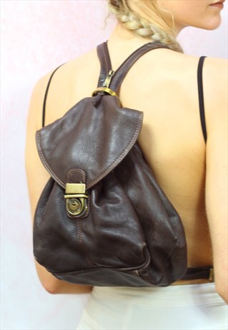 1990S VINTAGE BROWN SOFT REAL LEATHER SLOUCH BACKPACK
