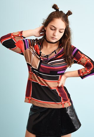 90'S RETRO ABSTRACT PATTERN KITSCH LYCRA PARTY TOP BLOUSE