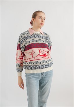 Vintage 80s Drop Shoulder Landscape Knit Wool Sweater XS