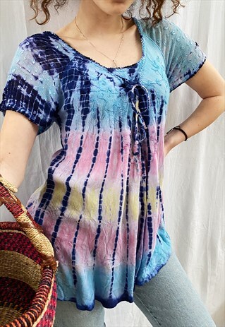 VINTAGE 90S BOHEME HIPPIE BOHO TIE-DYE BLOUSE TUNIC TOP
