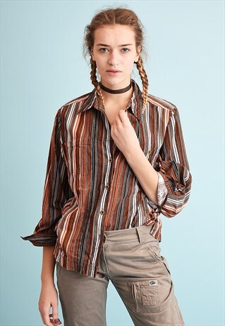 90'S RETRO STRIPED PRINT CORDUROY MOMS SHIRT