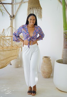 Blue Tie Front Flare Sleeve Top 