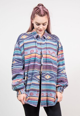 VINTAGE BRIGHT RAINBOW COLOUR AZTEC FLANNEL SHIRT