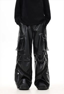 Faux leather trousers cargo pocket rubber pants in black