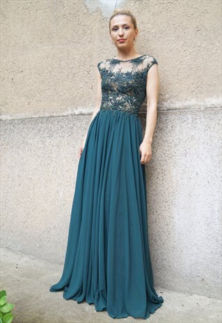 EVENING DRESS CHIFFON PROM ENGAGEMENT EMERALD GREEN F1585