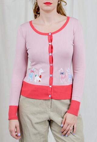 WOOL AND CASHMERE SWEATER PINK CARDIGAN VINTAGE LAMA PATCHES