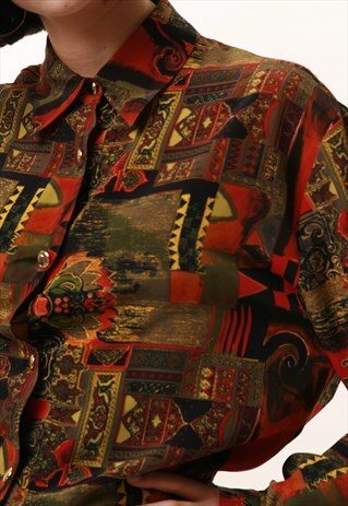 80S ABSTARCT MULTICOLOR PATTERN BLOUSE VINTAGE SHIRT 1093