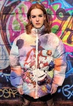 Anime bomber Hello Kitty puffer jacket tie-dye pastel pink