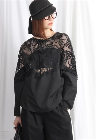 (KOREAN) FLORAL LACE FABRIC MIX BLOUSE BLACK