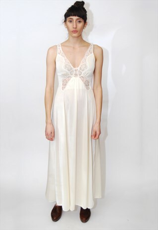 70S SLIP (S/M) IVORY CREAM VINTAGE DRESS LACE LOUNGE NIGHTY