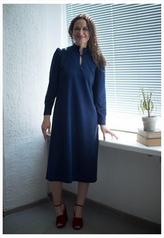 VINTAGE 80'S MIDI NAVY LONG SLEEVE DRESS