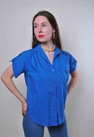 VINTAGE CASUAL BLUE BLOUSE WITH SHORT SLEEVE 