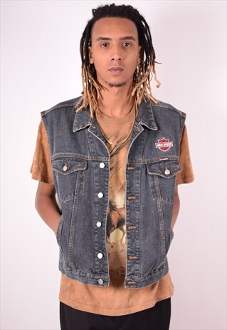 HARLLEY DAVIDSON MENS VINTAGE DENIM GILET LARGE BLUE 90S