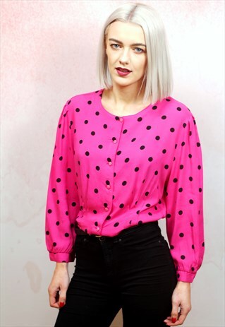 1980S VINTAGE PINK AND BLACK SPOTTY BUTTON UP PEPLUM BLOUSE