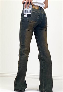 Y2K Bleached Flare Skinny Jeans Dark Blue Bootcut With Logo