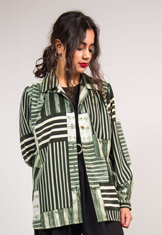 90'S VINTAGE GREEN ABSTRACT PATTERNED SHIRT BLOUSE