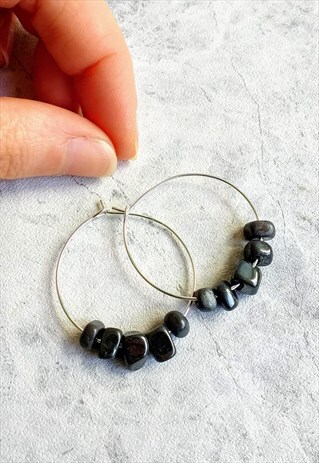 HEMATITE GEM STONE HOOP EARRINGS