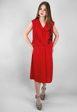 80's Da Parisini Sleeveless Red Floral Draped Slinky Dress