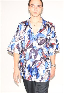 Vintage 90s abstract parrot print shirt in white / blue