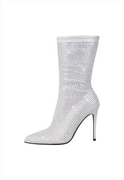 Rhinestone Pointed Toe High Heel Ankle Boots