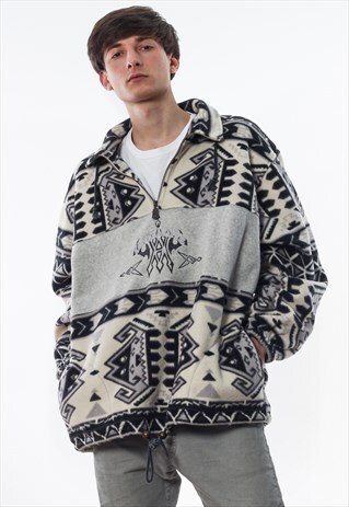 VINTAGE AZTEC PRINTED PATTERNED PULLOVER JACKET 90S WHITE