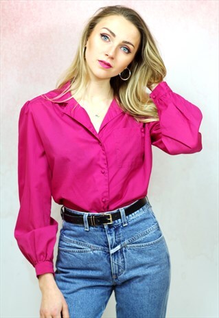 1980S VINTAGE FUCHSIA PINK LONG SLEEVE COTTON BLOUSE