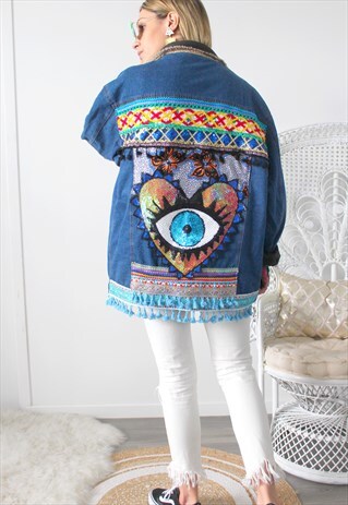VINTAGE JEANS JACKET PRINTED ETHNIC EMBROIDERY EYE SEQUINS