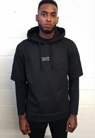 ESSENTIAL SHORT SLEEVE BLACK HOODIE WITH RAW HEM