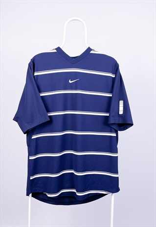 VINTAGE NIKE T-SHIRT CENTRE SWOOSH STRIPED BLUE MEDIUM