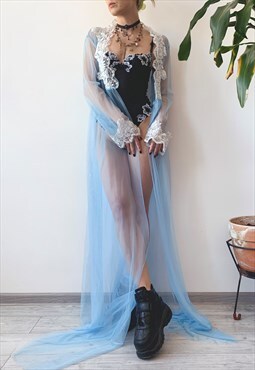 Vintage 00's Y2K Blue Mesh Lace Long Maxi Dressing Gown