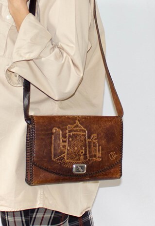 VINTAGE 90'S LEATHER TOOLED HAND BAG