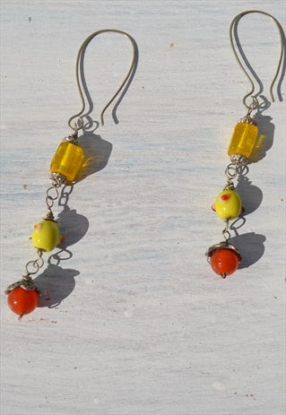 UNIQUE HANDMADE GLASS BEADED ORANGE/YELLOW/SILVER EARRINGS.