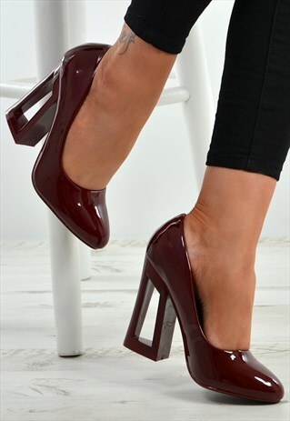 PRUNE WINE HIGH BLOCK HEEL PATENT PUMPS COURT SHOES