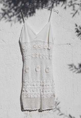 Deadstock white crochet knit cotton blend lined dress