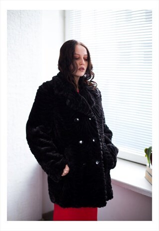 VINTAGE 80'S BROWN FAUX FUR DOUBLE BREASTED COAT