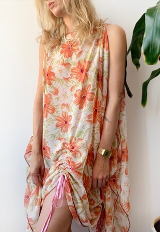 VINTAGE 70'S HIPPIE BOHO FLORAL LOOSE SUMMER MIDI DRESS
