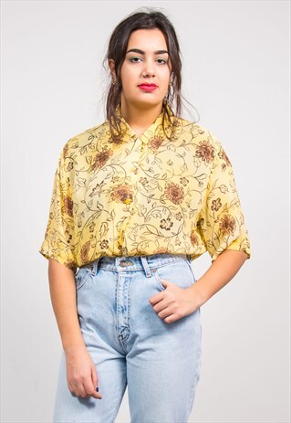 VINTAGE 90'S YELLOW FLORAL PATTERN SHEER BLOUSE