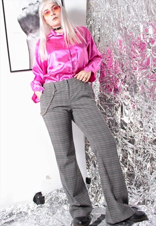 90S GRUNGE CASUAL GREY CHECKED MAROON PIN-STRIPED FLARE PANT