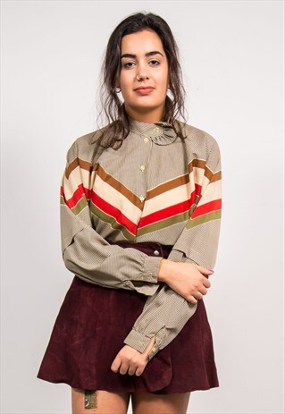 80'S VINTAGE PATTERN HIGH COLLAR BLOUSE SHIRT