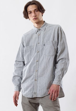 80'S VINTAGE MENS LEVIS STRIPED LONG SLEEVE WORKWEAR SHIRT