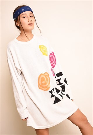 80'S RETRO ABSTRACT FLORAL GRAPHIC PRINT OVERSIZED JUMPER