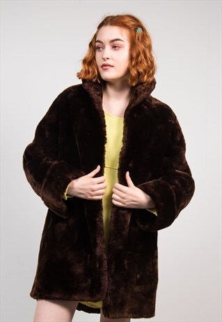 VINTAGE LONG FAUX FUR BROWN COAT