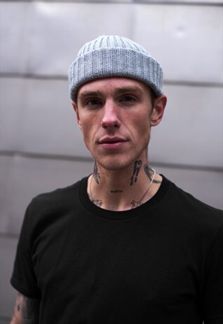 TURN UP TRAWLER CHUNKY RIBBED BEANIE HAT - HEATHER GREY