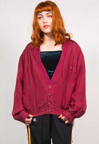 VINTAGE 90'S BURGUNDY SILK LOW COLLAR BOMBER JACKET